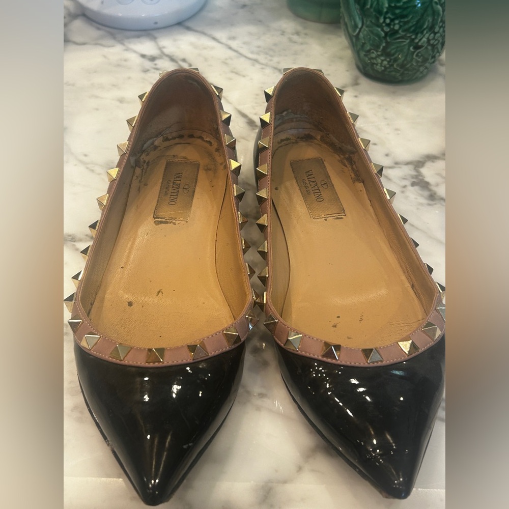 Valentino Black Patent Flats with Gold Studs